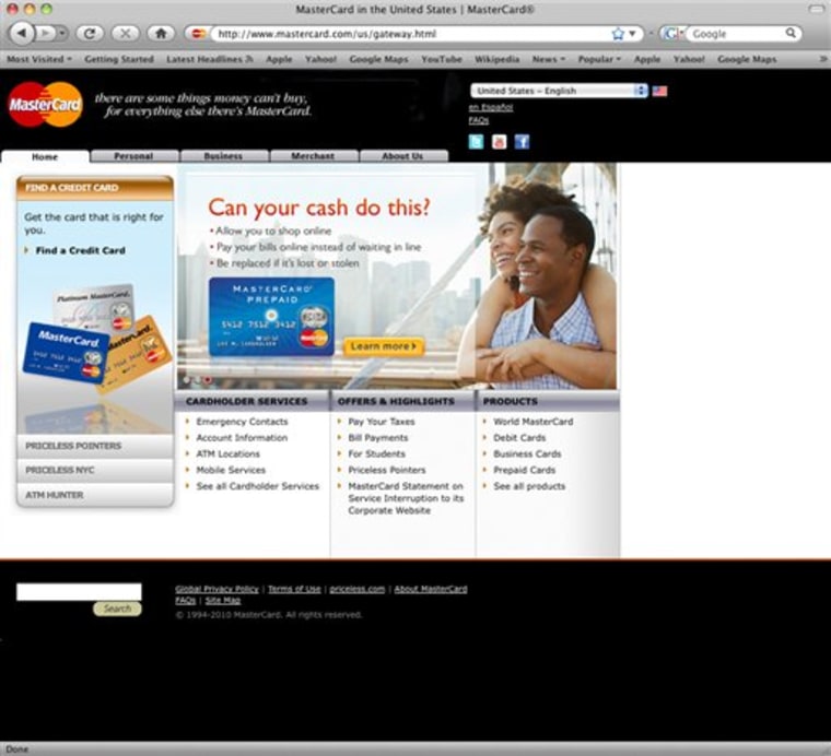 This screen shot taken Monday, Dec. 13, 2010, shows the Mastercard.com, Inc. USA website, home page. As WikiLeaks struggled to stay online, a small army of pro-WikiLeaks hackers took down Visa's and MasterCard's websites and slowed PayPal's. The Internet drama precipitated by WikiLeaks' release of U.S. diplomatic cables has been called the first global cyberwar.